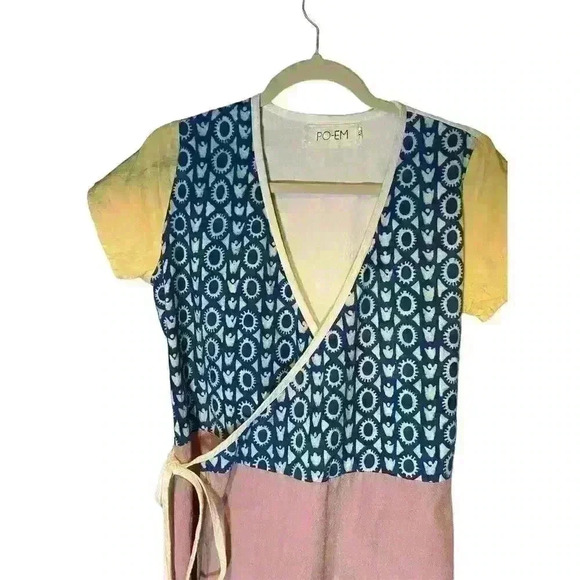PO-EM “Ode” Natural Handwoven cotton block printed summer wrap dress XS - Picture 2 of 9